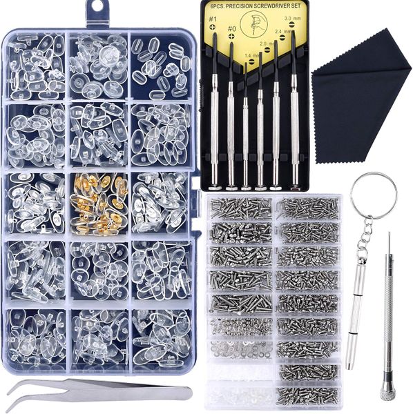 Complete Glasses Screws Kit and Nose Pads with 6 Pcs Screwdrivers