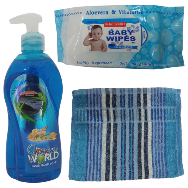 Ocean Breeze Liquid Hand Wash 500ml + Baby Wipes + Blue Towel Bundle