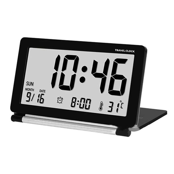 Folding LCD Digital Travel Alarm Clock with Temperature Date Time (White)