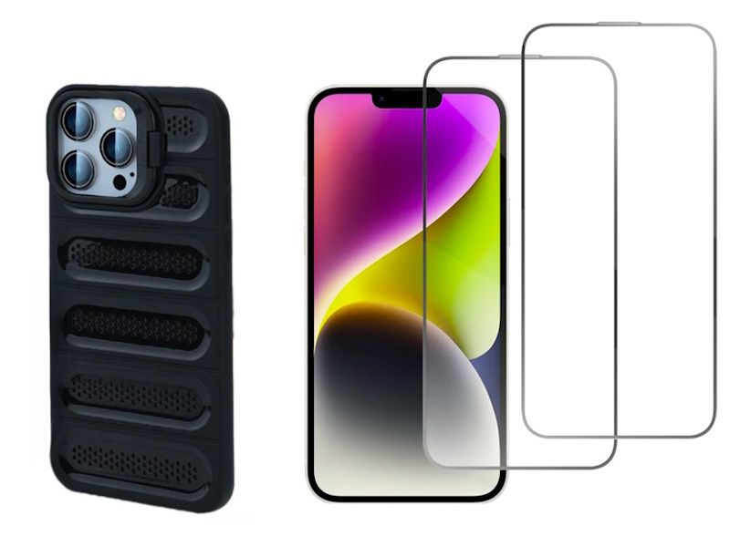 Black Soft Shell Phone Case &amp; 2 Screen Protector Combo compatible with iPhone Series 15