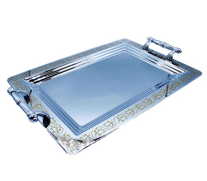 Chrome Serving Tray with Gold Pattern Design