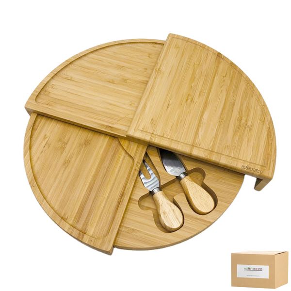 Heartdeco Portable Rotating Serving Bamboo Cheese Board Knife Fork Set