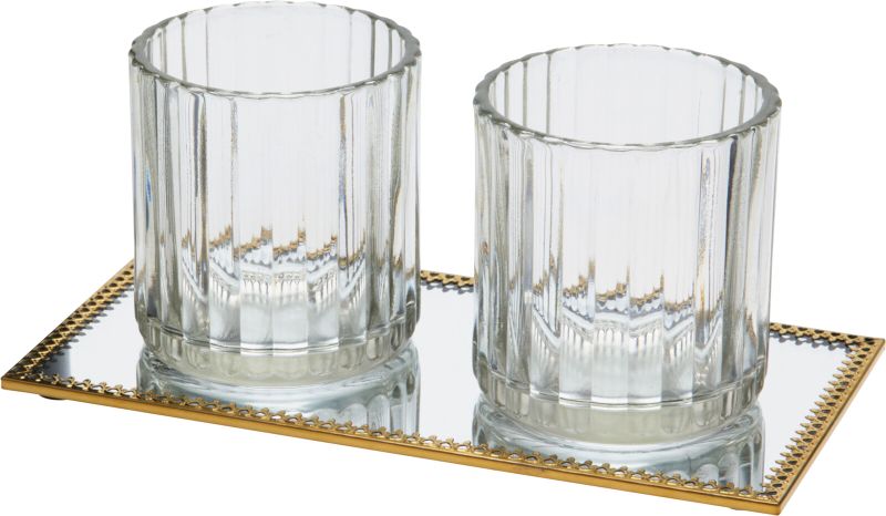 Round Glass Tealight Holder on Gold Mirror Tray 21x10x11cm - 2-Piece