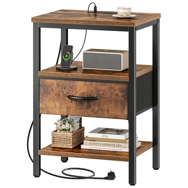thl Nightstand with Charging Station, Bed Side Table with Adjustable Fabric