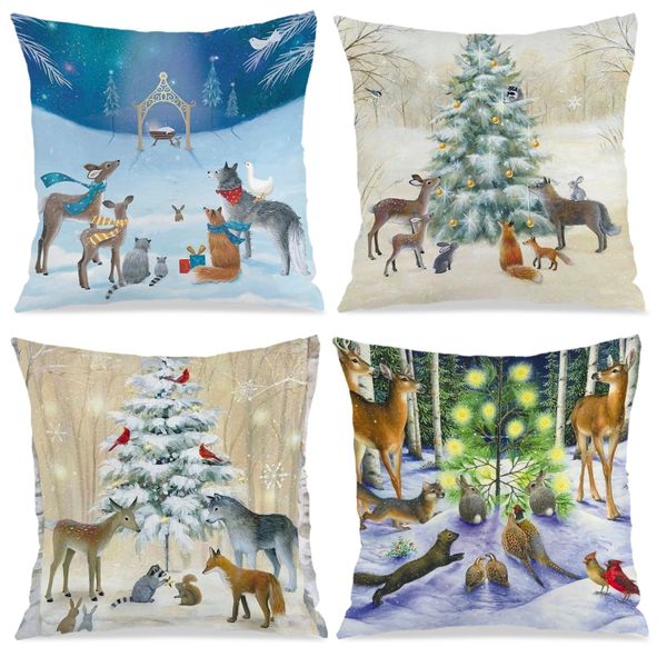 4PCS Winter Scene Printed Cushion Cover, 45x45cm Square Throw Pillowcase