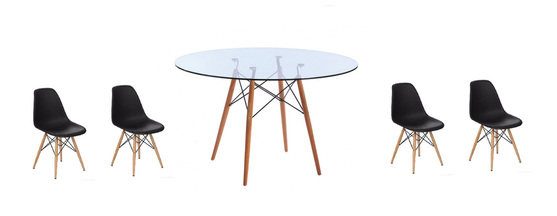 5 Piece Glass Table and Black Wooden Leg Chairs
