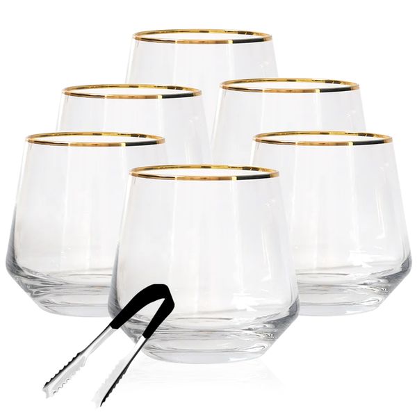 420ml, Hand Blown Premium Crystal Stemless Gold Rim Glasses - Set of 7