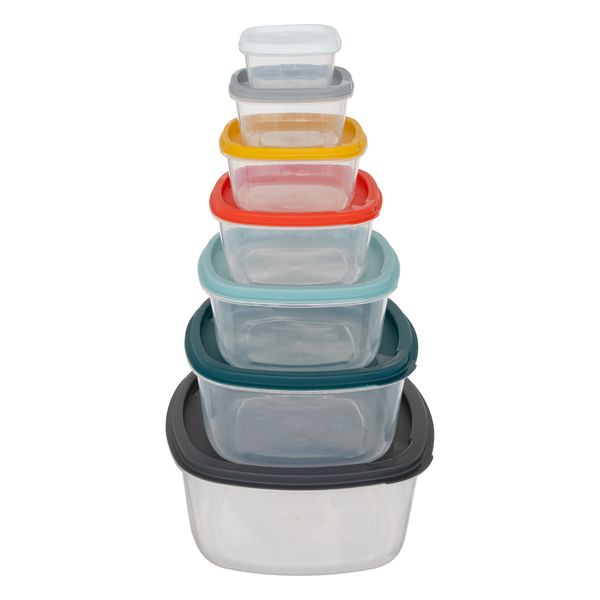 Plastic Square Food Storage Container Set Assorted Coloured Lids - 7 Piece Set