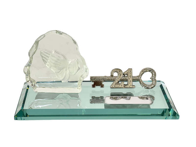 21st Key with Embossed Praying hands on Glass Mirrorbase