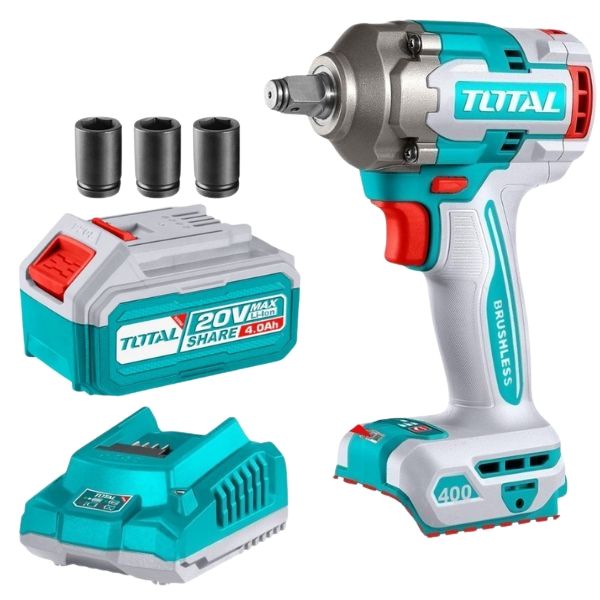 Total Tools - Cordless Impact Wrench (400N.m) with 4.0Ah Battery and Charger