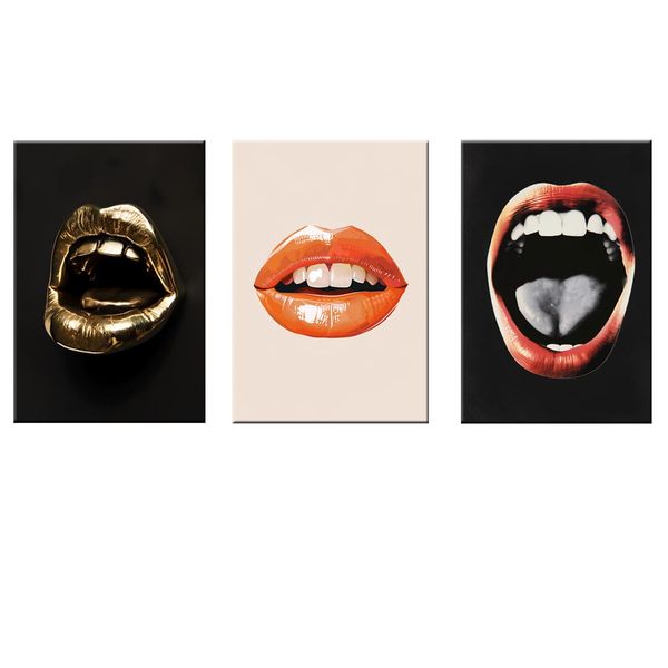 Canvas-Art-3 Pieces Red, Orange &amp; Gold Lips Wall Art