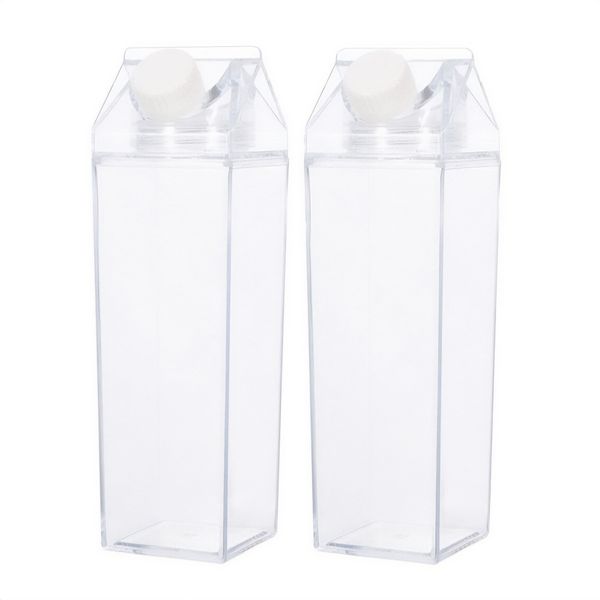 2 Pack - Milk Carton Shaped Transparent Plastic Water Bottle 1L