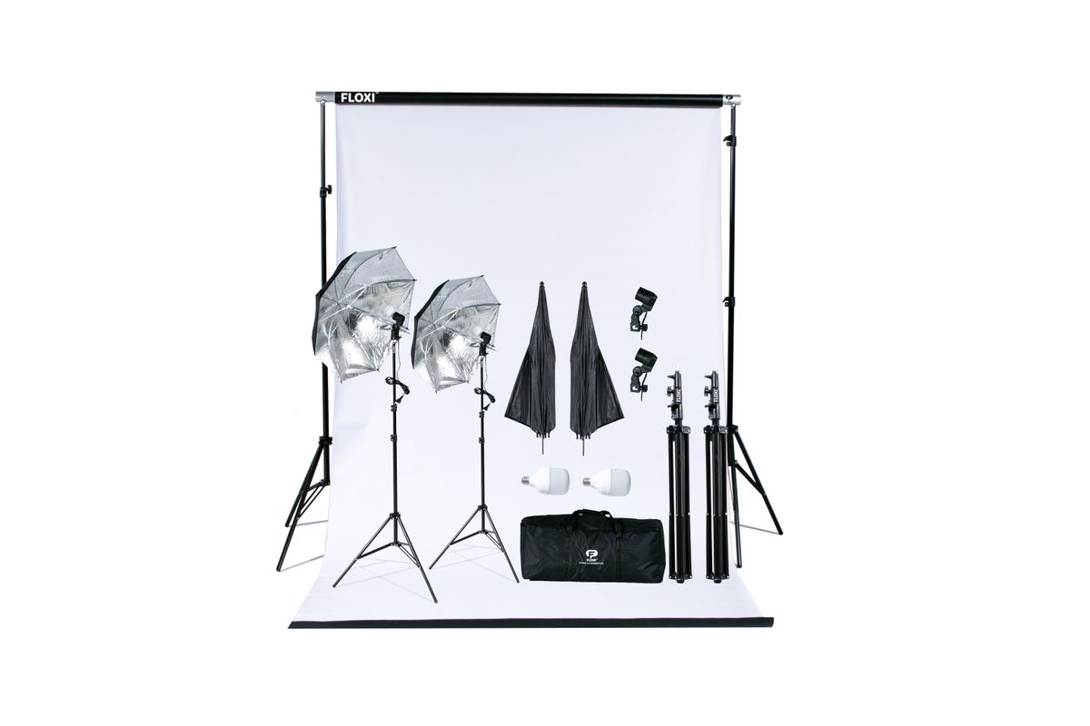 Floxi 400W LED Black 1.37m PVC Backdrop and Umbrella Light Kit Bundle