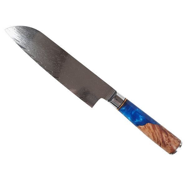 Damascus Steel Santoku Knife - 20.5cm - Blue Resin &amp; Wood Handle