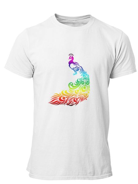 PepperSt Men's White T-Shirt -Rainbow Peacock