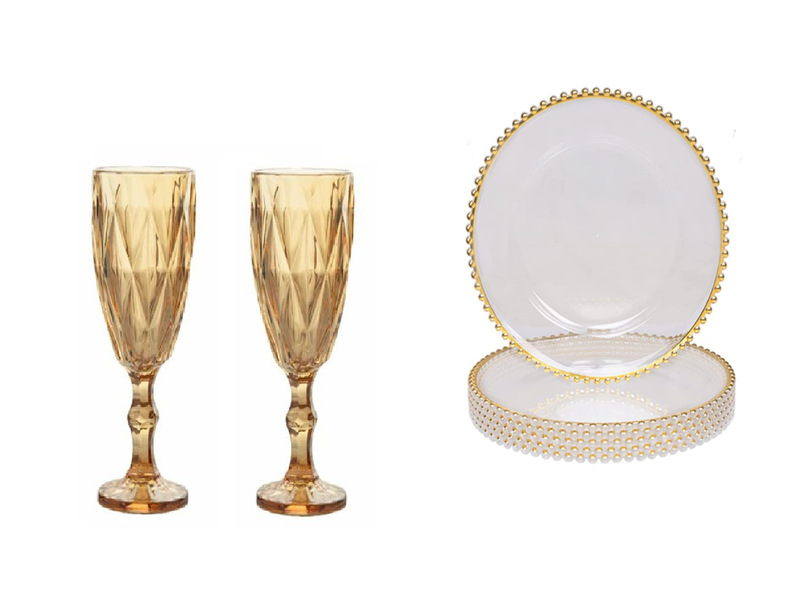 Transparent, Gold underplate and Champgne Glasses for Decor - 48 Piece