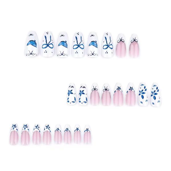 Minimalist French Style Blue Floral Almond Shaped Nail Art