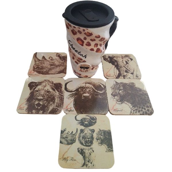 African Animal Mug With Spill Lid &amp; Set of 6 Big 5 Coasters