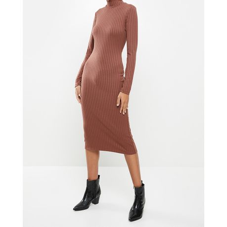 Women s VELVET Turtle Neck Rib Column Midi Dress with Cut Out Back