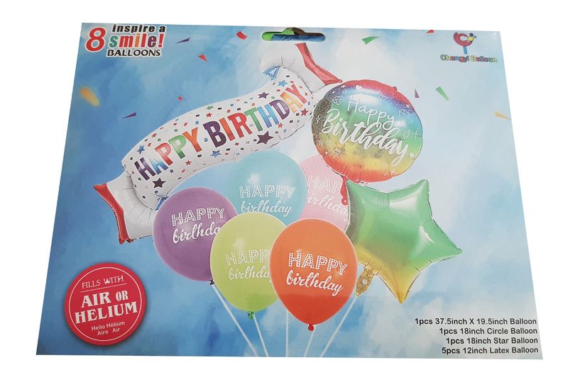 8 Piece Air or Helium Foil balloon set - Colourful Happy Birthday