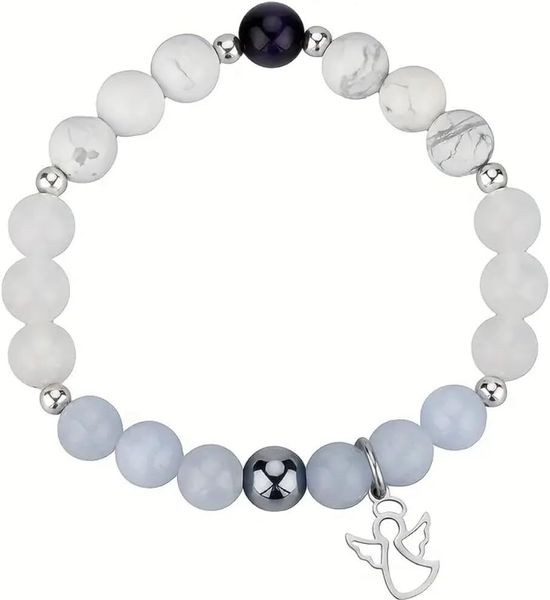 Natural Stone Aquamarine and Angel Beaded Bracelet