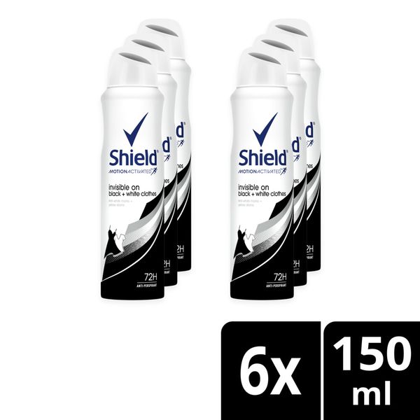 Shield Women Invisible Black and White Antiperspirant Deodorant Body Spray 6x150ml