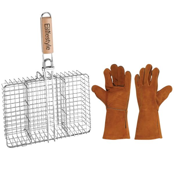ECO Braai Grid &amp; Premium Leather Gloves - Heat Resistant, Portable, Steel