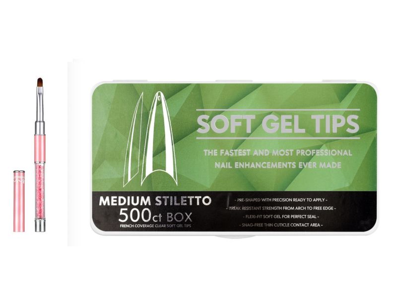 500 Soft Gel Tips Medium Stiletto And A Stainless Steel Gel Brush With Cap