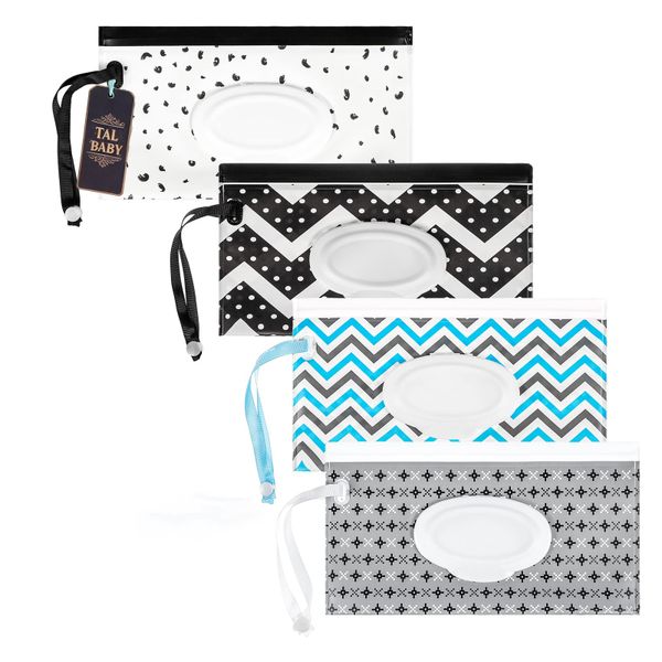 4 Pack Wet Wipe Pouch 10" x 6" Reusable Baby Wipes Dispenser - Multicolor