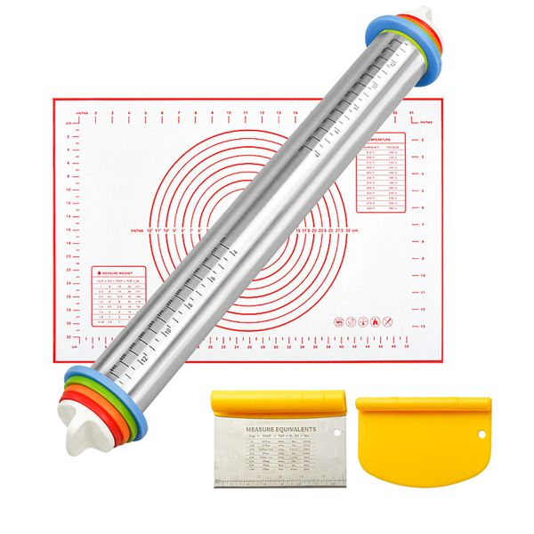 Rolling Pin with Thickness Rings and Silicone Baking Pastry Mat Scraper Set