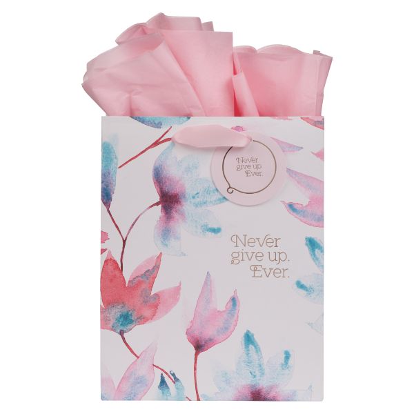 Medium Gift Bag with Gift Tag - Never Give Up Ever, Pink Petals