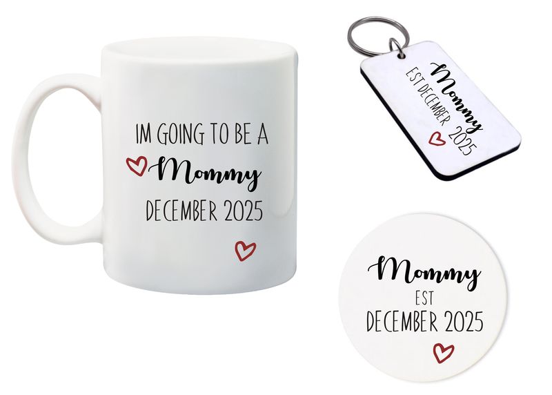 I'm going to be a Mommy December2025 Mug, Glass Coaster&amp; keyring gift Combo