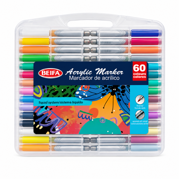 BEIFA 60 Colours Acrylic Marker Set with Brush Tip in Portable Carry Case