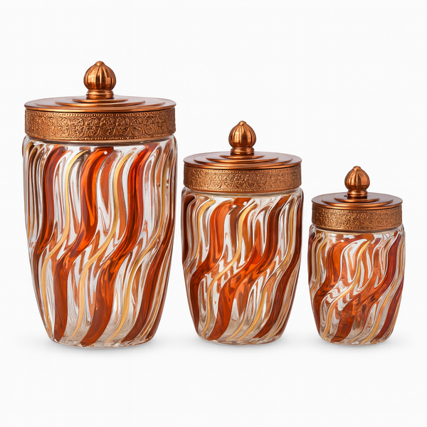 Decorative Glass Storage Jar Set with Copper Lids - Swirl Design - 3-Piece