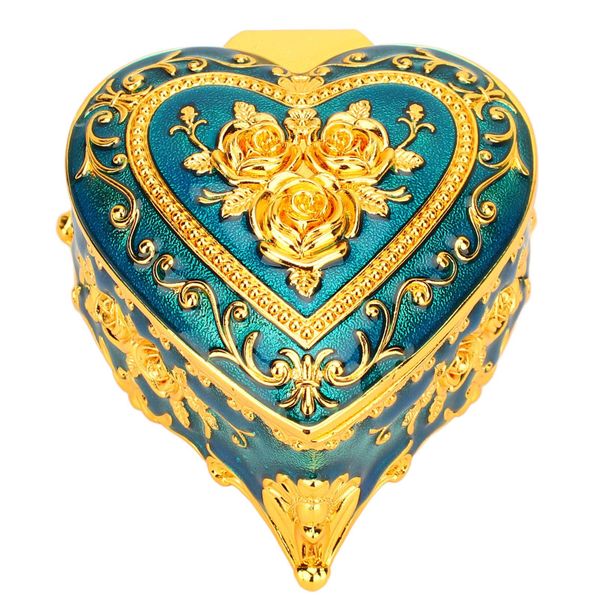 Heart-Shaped Velvet Jewelry Box for Earrings, Necklace &amp; Bracelet (Gold+Blue)