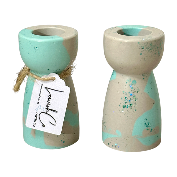 Round Dinner Candle Holder - Marbled Grey &amp; Mint with Glitter - Set of 2