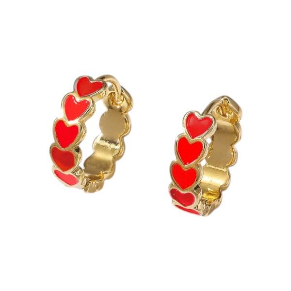 Red Enamel Heart Hoop Earrings With Latch Back Clasps - Gold