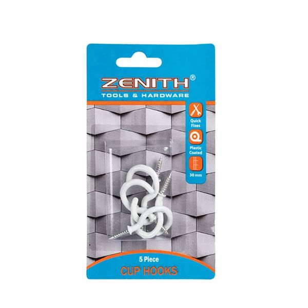 Bulk Pack x 10 Cup Hooks White Plastic Coated 30mm 5pcs Per Pack