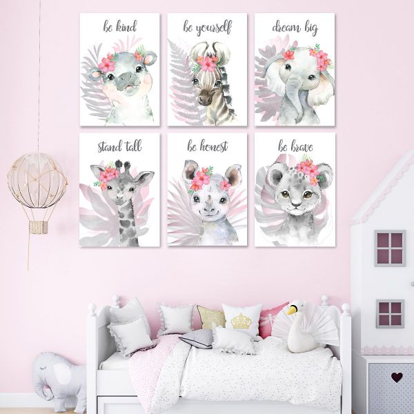 Safari Animals in Grey &amp; Pink - A3 - 29cm x 42cm -6 Set