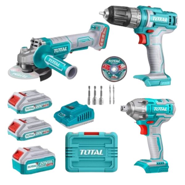 Total Tools - Li-Ion Angle Grinder, Cordless Drill &amp; Impact Wrench Combo