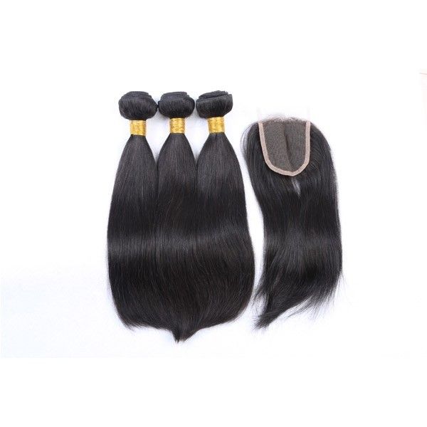 Brazilian Virgin Straight Hair Weaves 3 Bundles with Closure 8 Inches