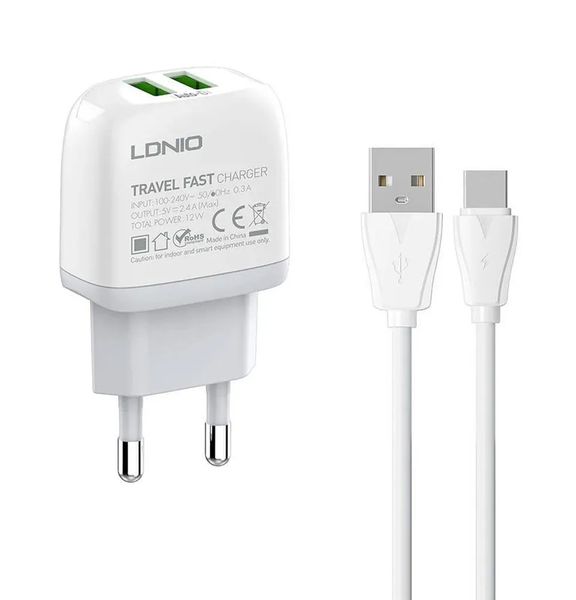 LDNIO A2219 Dual USB 2.4A 12w Travel Charger with 1M Type C Cable