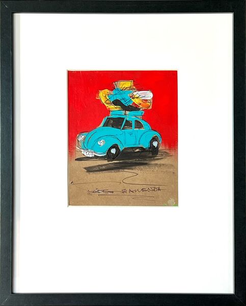 Original Framed Wall Art - VW Beetle Painting, 38x30cm, Signed by SA Artist