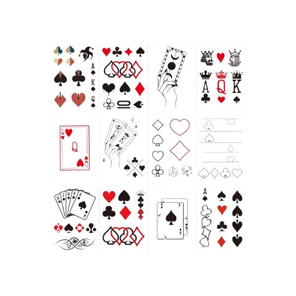 12 Piece - Poker Card Temporary Tattoos With Different Elements - Black &amp; Red