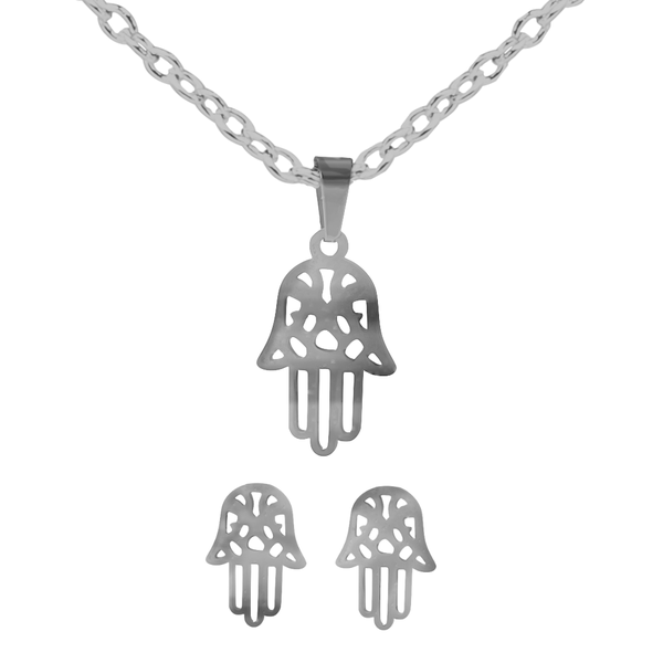 Stainless Steel Hamsa Pendant Necklace &amp; Earring Set