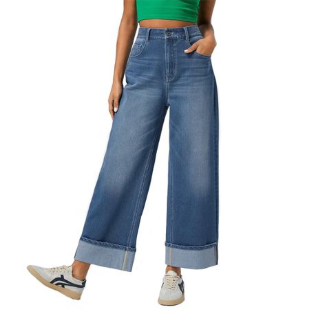 Women's Wide Leg Denim Pants Cuff Hem High Waisted Casual Jeans Relaxed Image