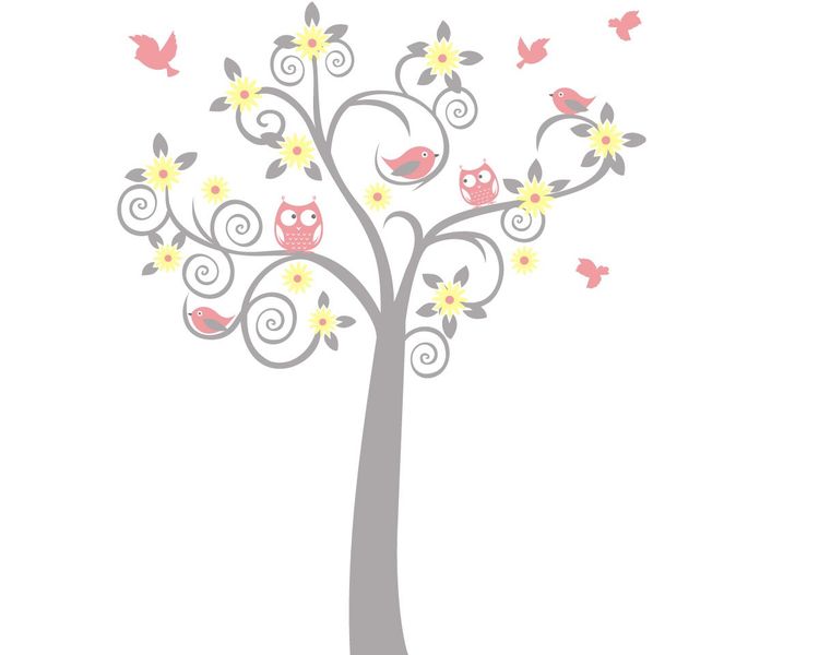 Fantastick - Owl Tree Vinyl wall Sticker - Grey &amp; pink
