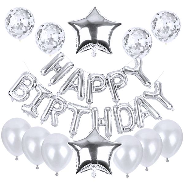 25 Piece 16-Inch Happy Birthday Foil Balloon Set - Silver