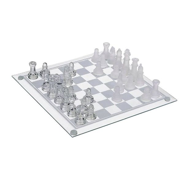 GS Glass Chess Set Board Game Elegant Design 32 Frosted and Clear Pieces