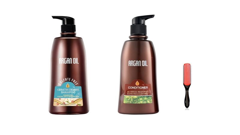 Argan Oil Keratin Deluxe Shampoo 750ml + Conditioner 750ml + Detangle Brush